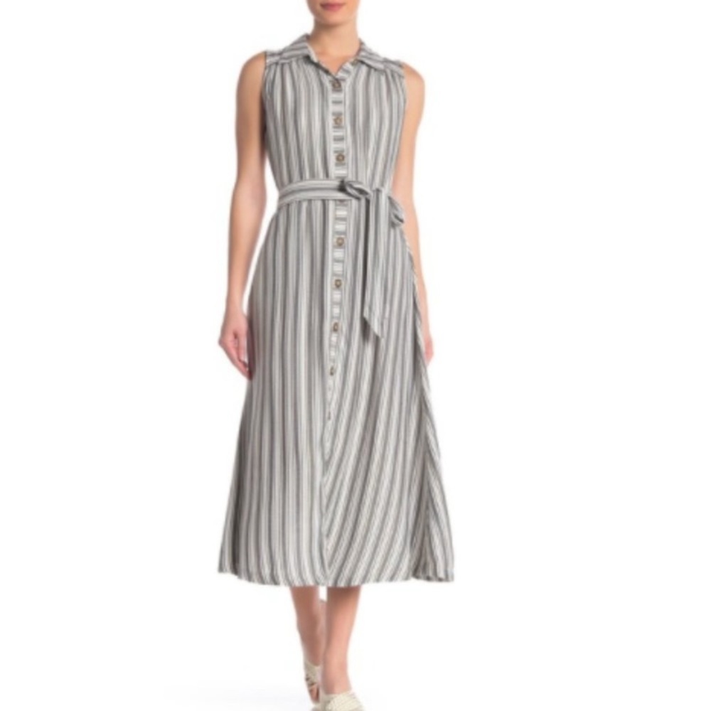 ECI Black and White Striped Midi Dress with metallic gold accent button down